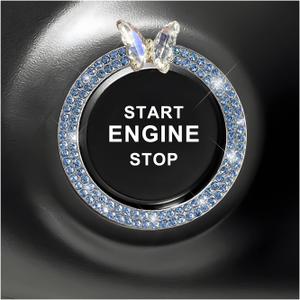 Bling Ring Emblem Car Accessories, Sparkling Rhinestone Butterfly Push to Start Button Cover, Diamond Engine Start Stop Decoration Key Ignition Ring for Women Girls (Light Blue)