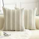 Decorative Boho Throw Pillow Covers, Farmhouse Textured Pillow Case, 18 x 18 Inch Set of 2, Chair Sofa Bedroom Living Room Home Decor Couch Cushion Case, Olive Green and Beige Striped