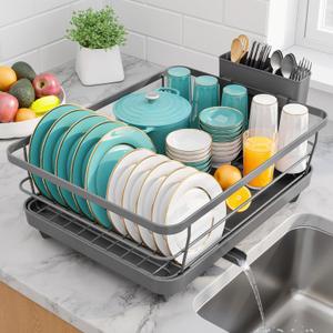 Sakugi Stainless Steel Dish Drying Rack for Kitchen Counter, Sink Organization and Storage Essentials with Silverware & Utensil Holder, Home and Apartment Decor, 12''W x 15.6''L, Gray