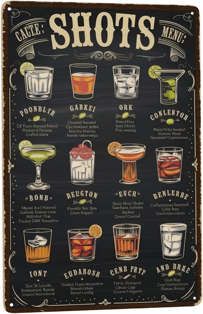 8x12 Inch Metal Sign Shots Menu Retro Wall Decor For Home Bar Hosts Cocktail Lovers Near Home Bar Patio Kitchen Garage Game Room With Retro Tavern Speakeasy Typography Display