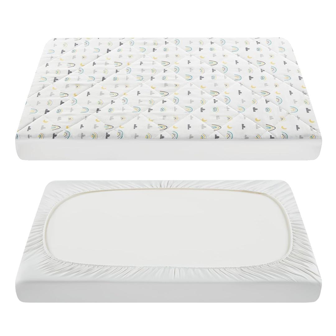 TILLYOU Pack and Play Sheet - Soft Quilted Crib Cover Pad, Toddlers Mattress Protector with 1''-3'' Deep Pocket, Thick Play Yard Playpen Sheets, Crib Mattress Pad 39"x27", Raindrop