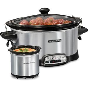 Hamilton Beach Programmable Stay or Go Slow Cooker, 7 Quart Capacity, Includes 20 oz. Party Dipper Food Warmer, Silver, R33477 