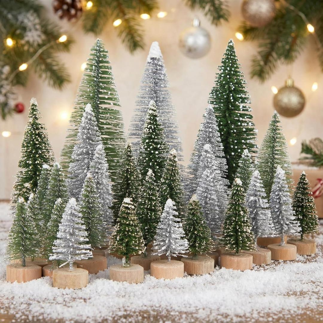 Shindel 45PCS Mini Sisal Trees with Snow, Mini Sisal Snow Frost Bottle Brush Trees Multicolor for Christmas Village Sets Diorama Tree Models Table Decoration