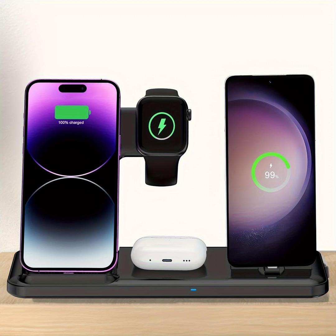 Wireless Charger for iPhone Charging Station, Foldable 4 in 1 Fast Charging for iPhone 16 15 14 13 12 Pro Max Plus, Charger Stand for Apple Watch & Airpods 4 3 2 Pro,for Samsung Series Black