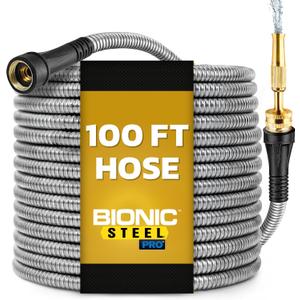 Bionic Steel PRO 100 Ft Garden Hose with Nozzle, Premium 304 Stainless Steel Metal Water Hose 100Ft Flexible Hose, Rust Proof, Lightweight, Heavy Duty, Crush Resistant Fittings, 500 PSI, 2025 Model