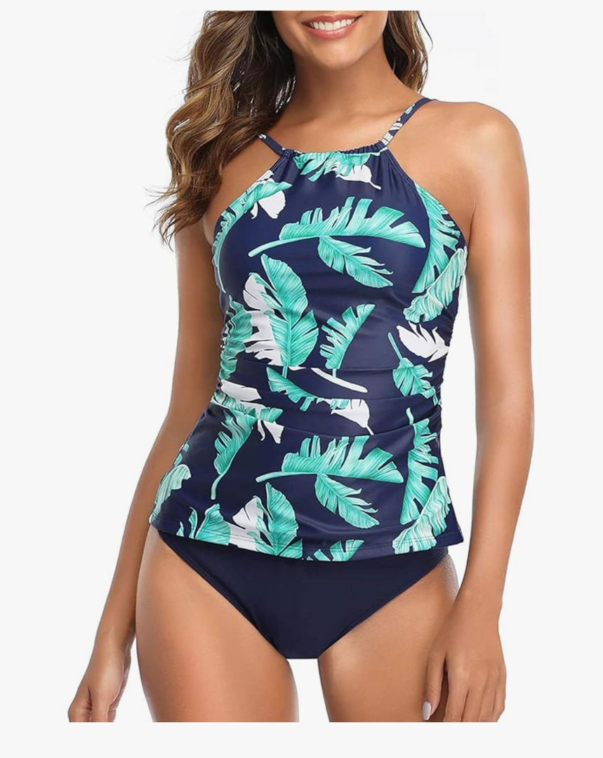 Tempt Me Two Piece Tankini Set Tummy Control Swimsuit for Women High Neck Top with Bottom Bathing Suits Ruched Swimwear,Size Large