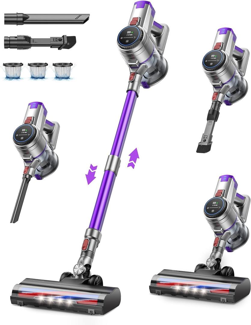 Cordless Vacuum Cleaner, 450W Vacuum Cleaner for Home, 38KPA Stick Vacuum with Brushless Motor and 2 Roller Brush, Rechargeable Vacuum Removable Battery, Wireless Vacuum for Pet Hair/Carpet/Hard Floor