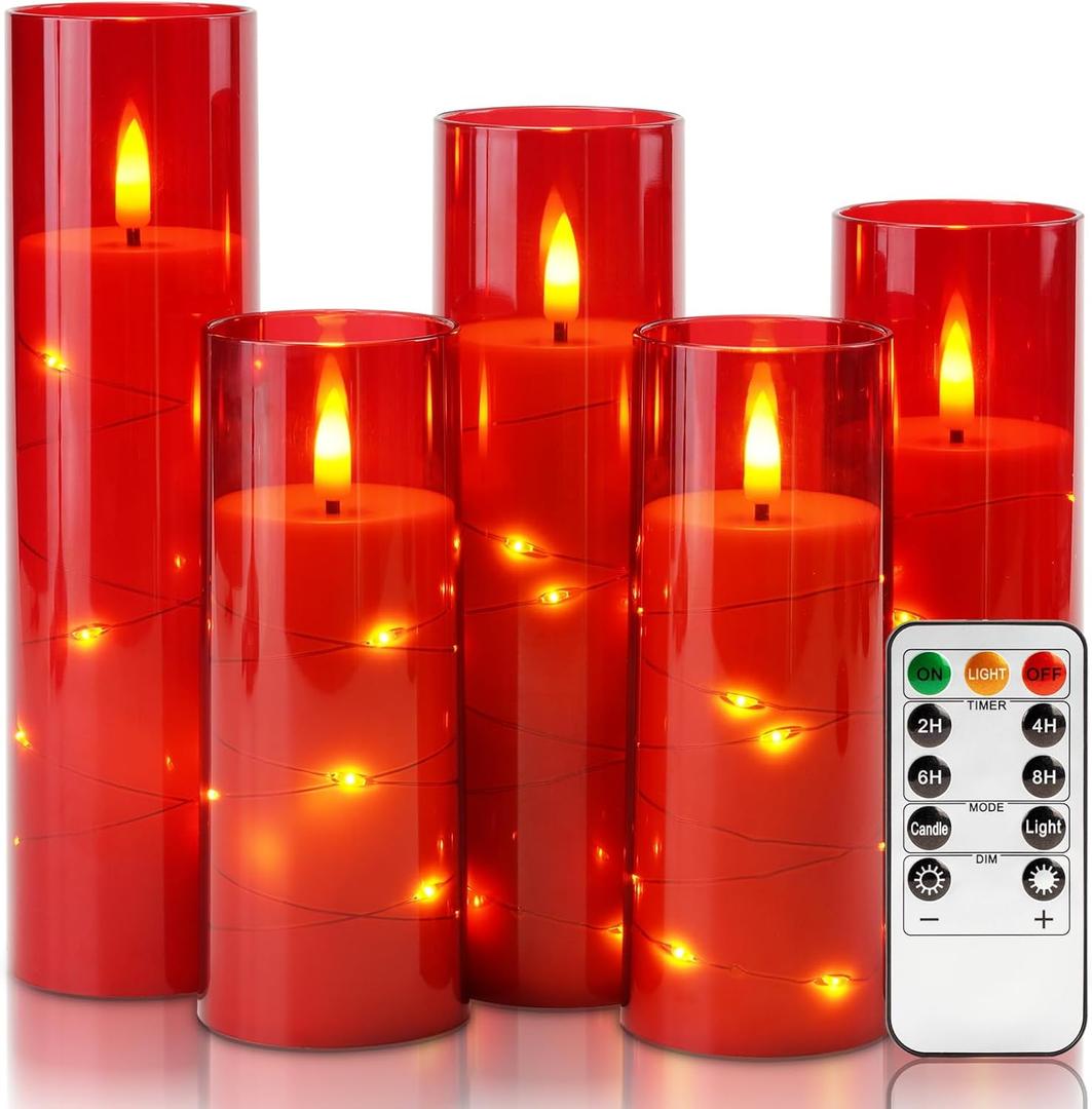 Homemory Acrylic Flameless Candles with Embedded Star String Fairy Lights, Battery Operated, LED Candles, Fake Candles with Remote Control and Timer, Red, Set of 5 (5pcs, D2.2"x H5"5"6"7"8")