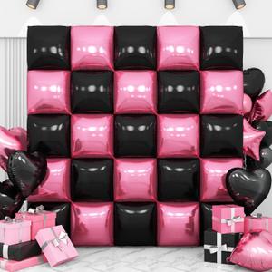 Pink Black Square Foil Balloon Wall,25Pcs Double Sided Foil Balloons Backdrop Helium Polyester Tunnel Arch Garland Kit for Birthday Bridal Anniversary Baby Shower Party Decorations