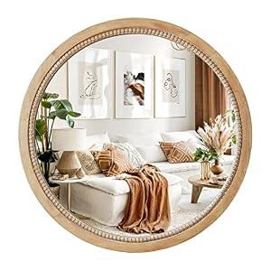 sawsile Round Decorative Mirror 18inch Circle Farmhouse Style Mirror Rustic Natural Wooden Frame Beads Mirror for Bedroom, Bathroom, Living Room or Entryway