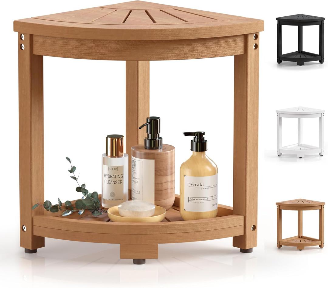 Waterproof Corner Shower Stool for Inside Shower, Poly Lumber Shower Bench Seat Chair, Bath Shower Stool for Shaving Legs Foot Rest with Storage Shelf, Adjustable & Non-Slip Feet, Teak Brown