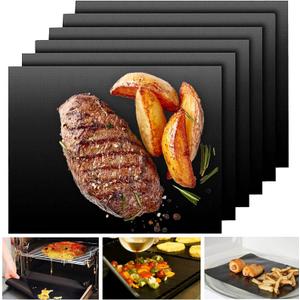 UBeesize Grill Mats for Outdoor Grill Set of 6 - Heavy Duty Non-Stick BBQ Grilling Mat & Oven Liner, Reusable, Easy to Clean - Works on Oven, Gas, Charcoal, and Electric BBQ - 15.75 x 13 Inch (Black)