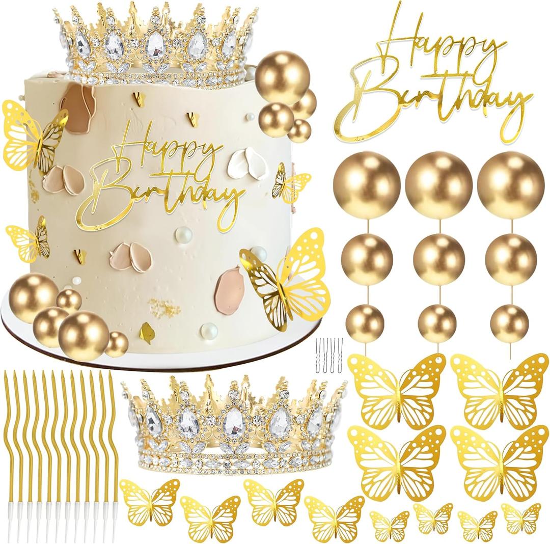 AMZVALU Crown Cake Topper, Gold Happy Birthday Cake Toppers Crown Balls Candles Butterflies, Corona Para Pastel, Cake Decorations for Women Princess Queen Wedding Party Decorations (Gold, White)