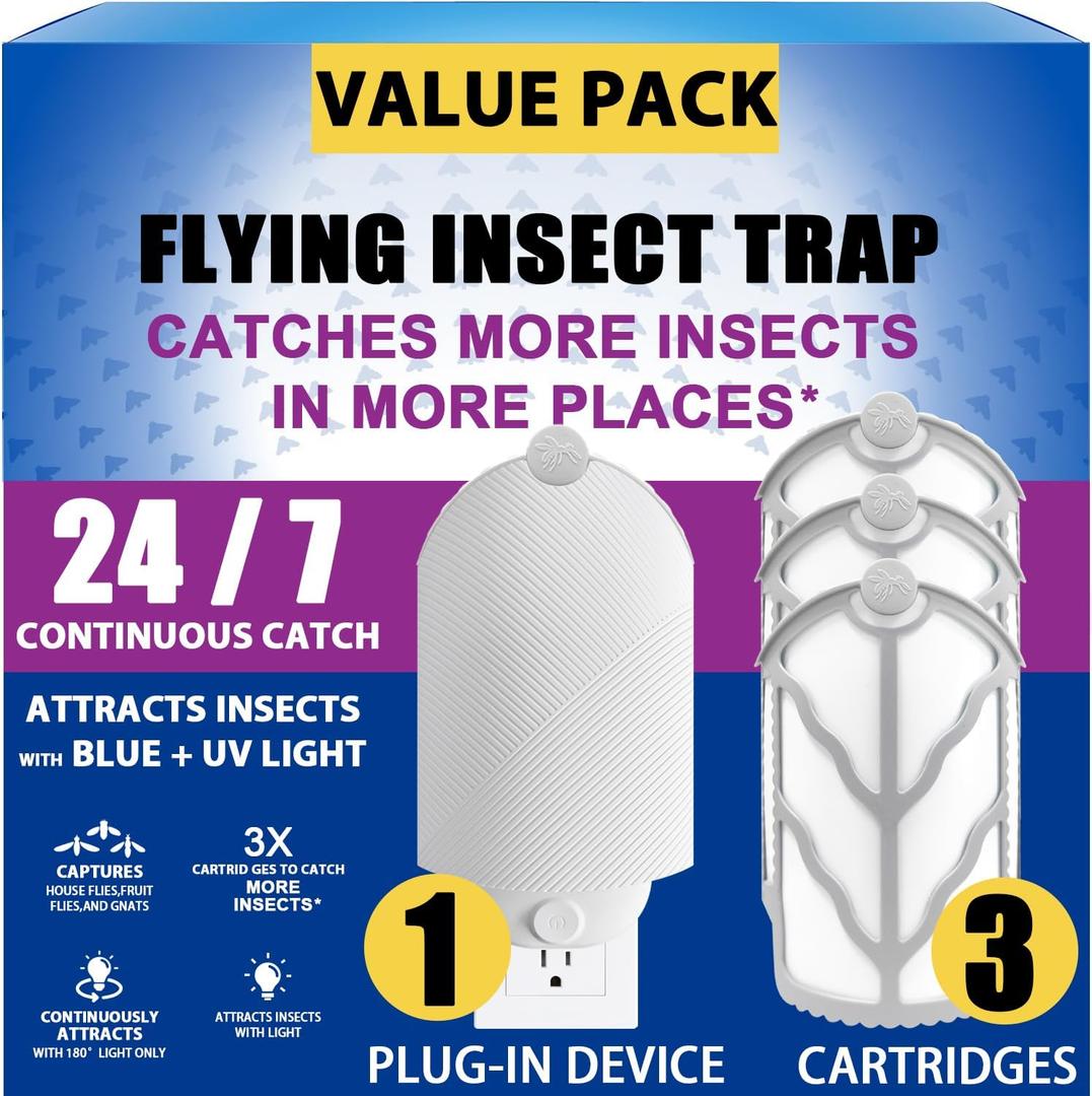 Flying Insect Trap (1 Stater & 3 Refill Cartridges), UV Light Indoor Bug Catcher for Gnats, Fruit Flies, Mosquitoes, and Moths, Plug-in Fly Trap for Home, Kitchen, Living Room