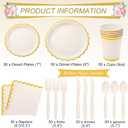 Ziliny 350 Pcs Ivory and Gold Foil Plates and Napkins, 50 Guest Spring Party Supplies Include Gold Foil Scalloped Paper Plates Napkins Cups Plastic Spoons Forks Knives for Birthday Baby Shower