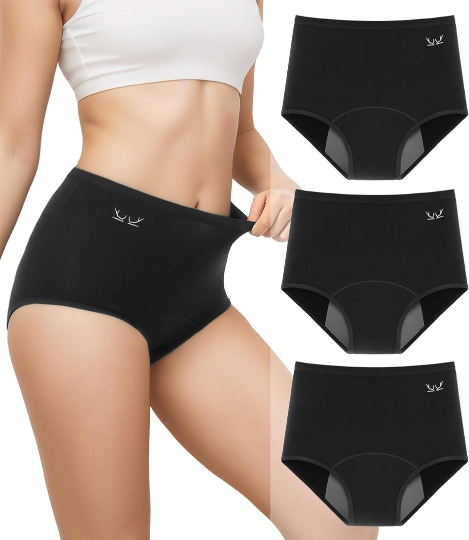 Benirap Period Underwear for Women Heavy Flow Leakproof High Waisted Cotton Panties Postpartum Menstrual Briefs 3 Pack (Large, Black)