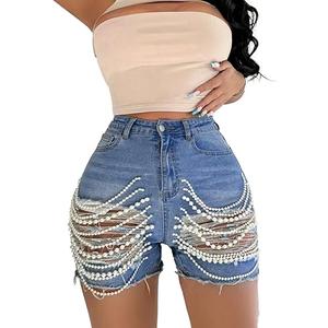 Unybwonn Denim Shorts Women Ripped Cutout Pearls Chain Jean Shorts Rhinestone Stretchy Distressed Raw Hem Tassels Shorts (X-Large, Blue)