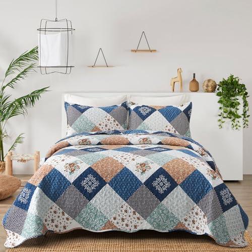 Dinjoy Reversible Patchwork Quilt Bedding Set Queen Size Blue Green Grey Plaid Floral Pattern Bedspread Set Soft Microfiber Coverlets Bed Set 3 Pieces Fall Autumn All Season Use