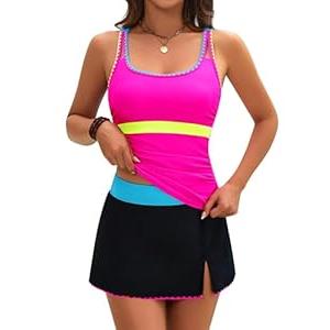 BMJL Women's Tankini Swimsuits Tummy Control Two Piece Bathing Suit Modest Swim Skirt Color Block Swim Suits 2025 (XLarge, Hot Pink)
