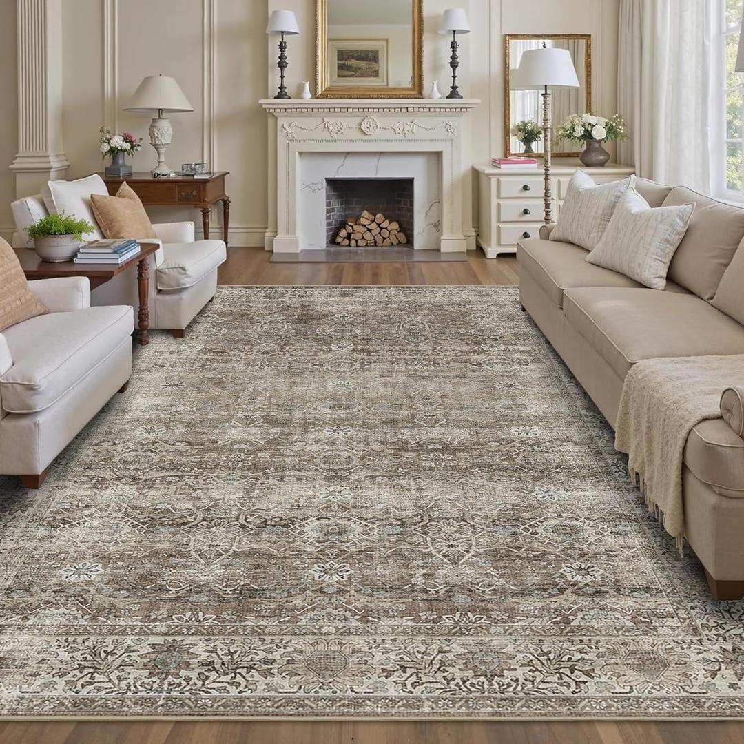 9x12 Washable Area Rug Grey Brown Vintage Rug for Living Room Bedroom Low Pile Soft Non-Slip Boho Rug for Under Table Boho Distressed Retro Carpet for Bedroom Kitchen Office Dining