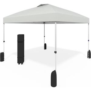 10x10 Pop Up Canopy - Instant Setup Beach Tent with Wheeled Carry Bag, 8 Sandbags & 4 Guy Lines - Portable Sun Shade for Camping, Events, Silver Coated Top, White