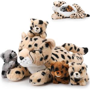Silipull 5 Pcs Cheetah Stuffed Animals Set Large Mommy Cheetah Plush with 4 Soft Cuddly Baby Cubs in Her Tummy for Boys Girls Birthday Graduation Gifts Forest Party Decors (Lying Style)