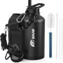 Insulated Water Bottle 64 oz, Triple Wall Vacuum Stainless Steel(Cold for 48 Hrs),Leak Proof & BPA-Free,Half Gallon Water Bottle with Reflective Paracord & Flip Straw for Sports & Travel, Black