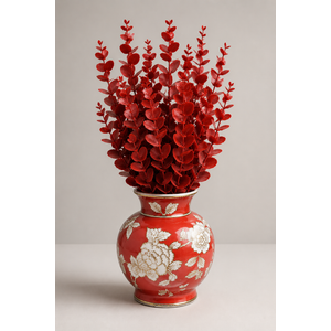 Vintage Chinoiserie Floral Ceramic Vase, Large Rustic Pottery Vases for Living Room, Entryway, Dining Table Centerpiece, Farmhouse Home Dcor, Floor or Tabletop Flower Vase, (Red)
