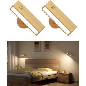 Battery Operated Wall Sconces Set of 2,Rechargeable Wall Lights Wood,Stick On Wall Lights for Bedroom,Wall Mounted Bedside Reading Lamps Dimmable,Battery Powered Wall Lamp for Bedroom