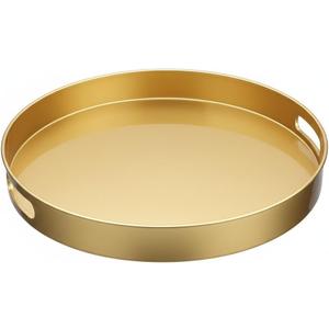 Spsyrine Round Gold Decorative Tray, 13" Plastic Serving Table Tray with Handles for Ottoman, Coffee Table, Bathroom, Kitchen, Living Room
