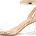 mysoft Women's Clear Heels Low Chunky Heel Open Toe Transparent Zebra Rhinestones Block Heeled Sandals Ankle Strap Shoes (Gold, 9)