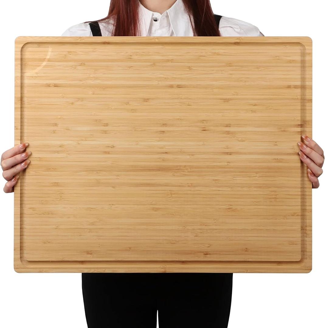 Extra Large 100% Organic Bamboo Cutting Board, 24x18 Inch Butcher Block Chopping/Carving Board with Handle and Juice Groove for Turkey, Meat, Vegetables, BBQ (XXL, 24" x 18" (24"L x 18"W)