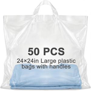 Qilery 50 Pack 24" x 24" Large Clear Plastic Shopping Bags with Handles Reusable Merchandise Gift Bags Bulk for Small Business Merchandise Retail Grocery Packaging Gift Giving
