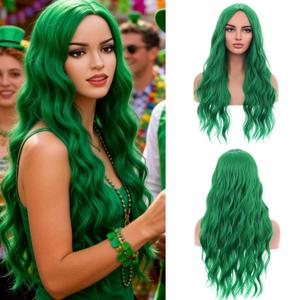 MAGQOO Green Wig for Women Girls Long Curly Wavy Emerald Green Wigs Middle Part Heat Resistant Hight Density Synthetic St.Patrick's Day