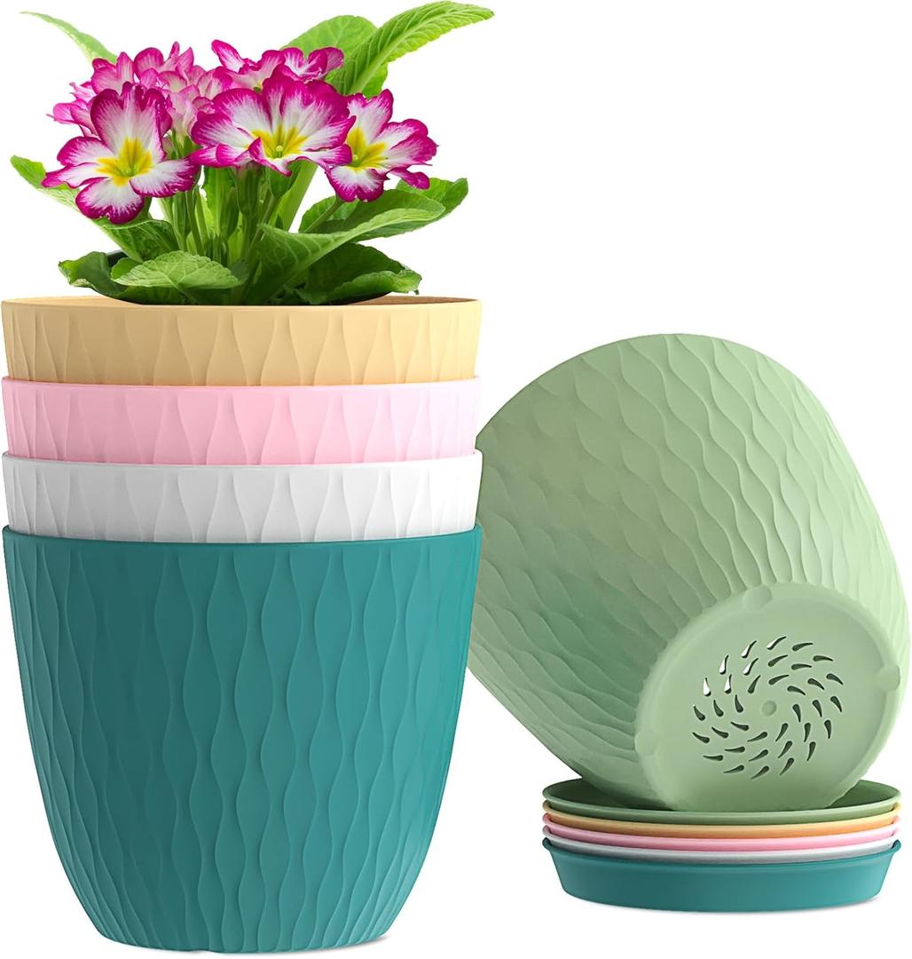 WSMKSZ 6 inch Flower Pots, 5 Pack Plant Pots with Drainage Holes and Saucers for Indoor Plants, Plastic Planters with Water Ripple for Small Garden House Plants, Nursery Pots for Succulent, Colorful