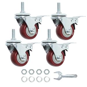 Finnhomy Swivel Caster Wheels 2 Inch Heavy Duty Threaded Stem Casters 5/16"- 18 x 1 with Brake Set of 4 Premium Polyurethane Wheels PU Load Bearing 800 Lbs Anti-wear Smooth Casters, Red