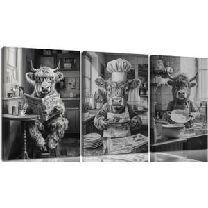 Highland Cow Kitchen Wall Art Funny Cow Cooking Canvas Painting Black And White Highland Cattle Posters Prints Vintage Farmhouse Animals Pictures Wall Decor for Bar Kitchen Dining Room Framed