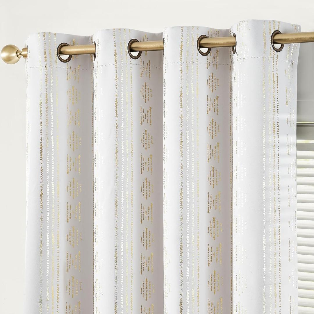 jinchan 95% Blackout Boho Curtains 84 Inches Long for Bedroom Living Room Golden Geometric Foil Printed Curtain Grommet Top Room Darkening Drapes Off White 52 x 84 2 Panels