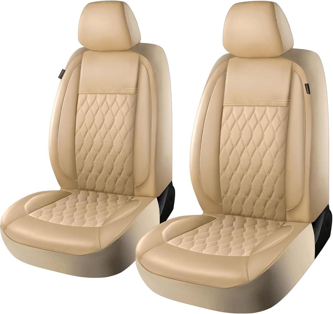 CAROMOP Faux Leather Car Seat Covers 2 Front Set,Luxury and Comfortable Seat Covers for Cars, Airbag Compatible Car Interior Covers, Universal Fit for Suvs,Vans,Trucks(Beige)