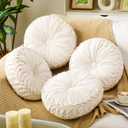 4 Pcs Round Throw Pillows 15 Inch Decorative Velvet Pleated Pumpkin Pillows Boho Floor Pillow with Center Button for Living Room Couch Chair Bed Sofa Home Decoration (Ivory)