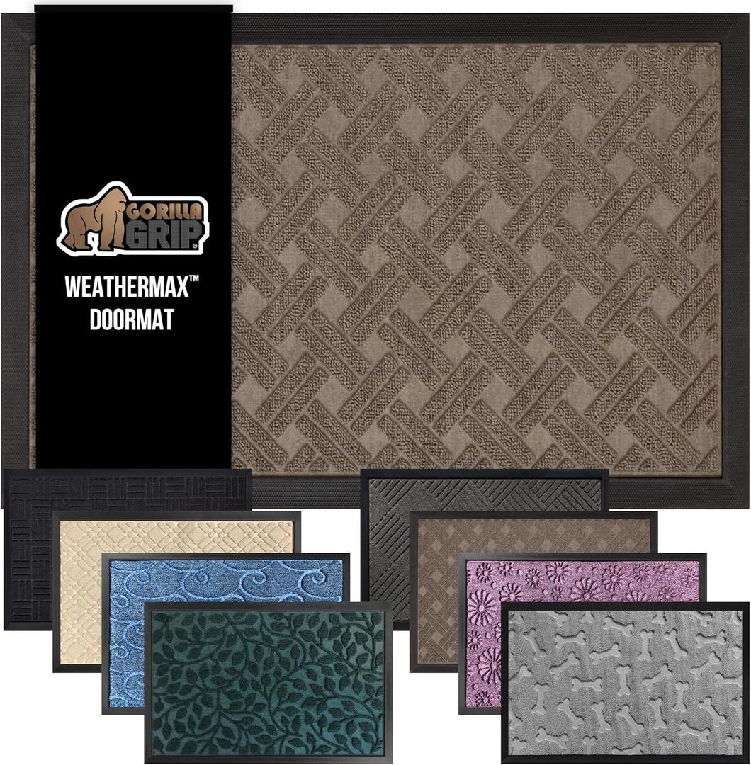GORILLA GRIP 100% Waterproof All-Season WeatherMax Doormat 35x23, US Designed Natural Rubber, Stain and Fade Resistant, Low Profile Indoor Outdoor Door Mats, Easy Clean Patio Mat, Taupe Basket Weave