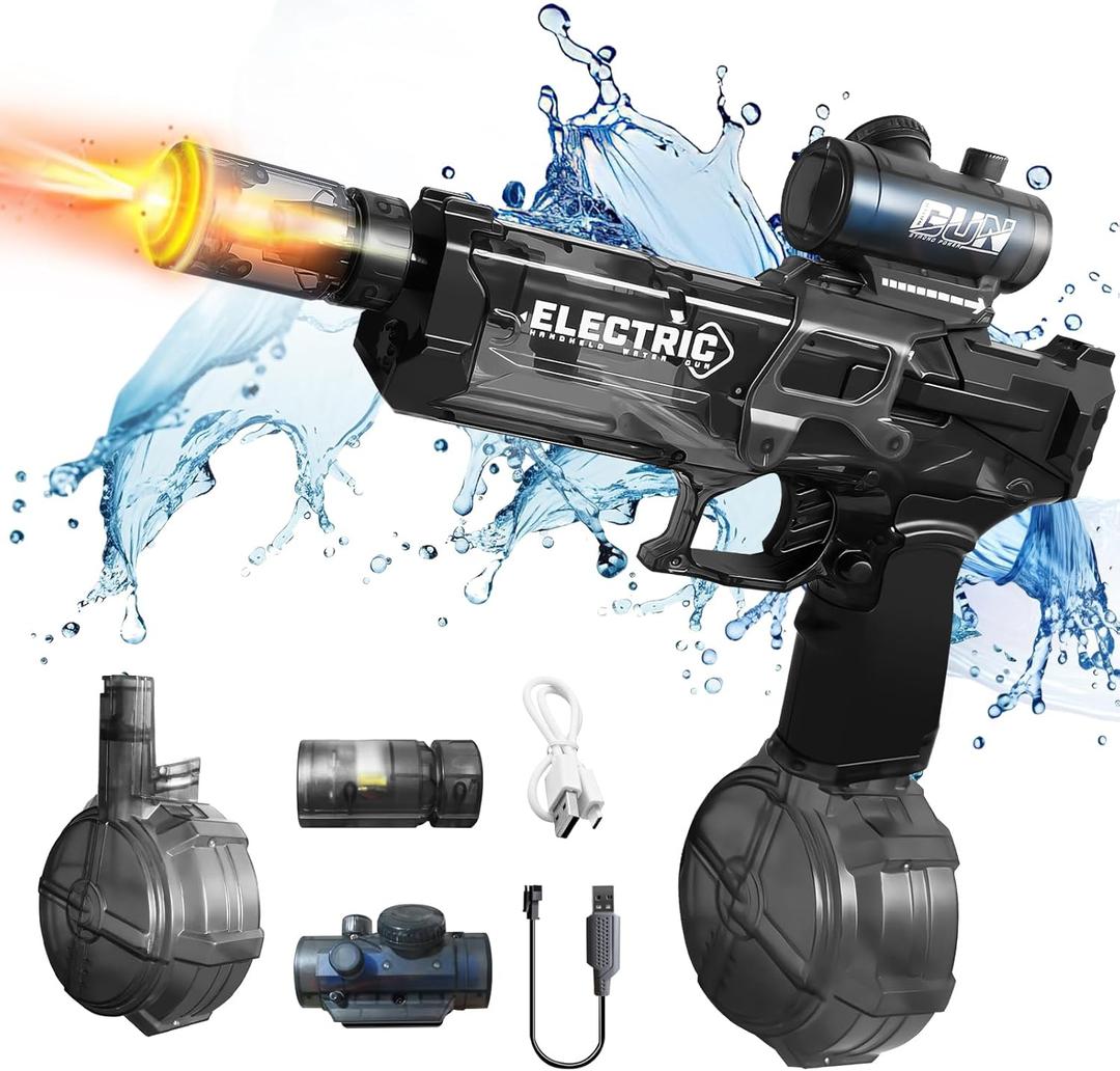 Super Electric Water Gun with Muzzle Flash & Recoil Effect, Powerful 480CC High Capacity Automatic Squirt Guns Up to 32 FT Range for Swimming Pool Party Beach Outdoor Activity, Black