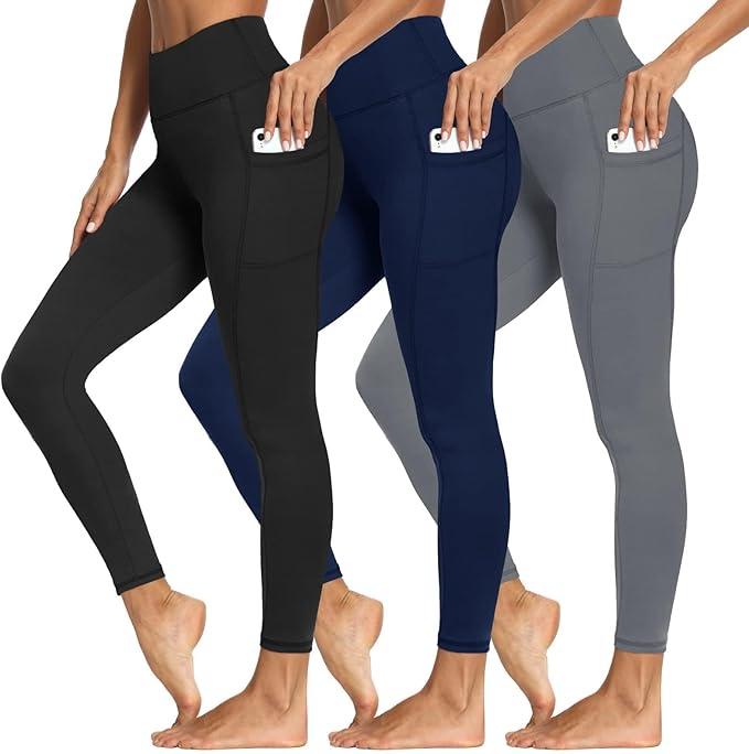 3 Packs Leggings with Pockets for Women, Soft High Waisted Tummy Control Workout Yoga Pants, S/M