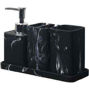 Hand Soap Dispenser Resin Bathroom Accessory Sets, 4 Pieces Bathroom Accessories Complete Set Vanity Countertop Accessory Set, Includes Lotion Dispenser, Mouthwash Cup, Toothbrush Holder And Tray Soap (Small, Black)