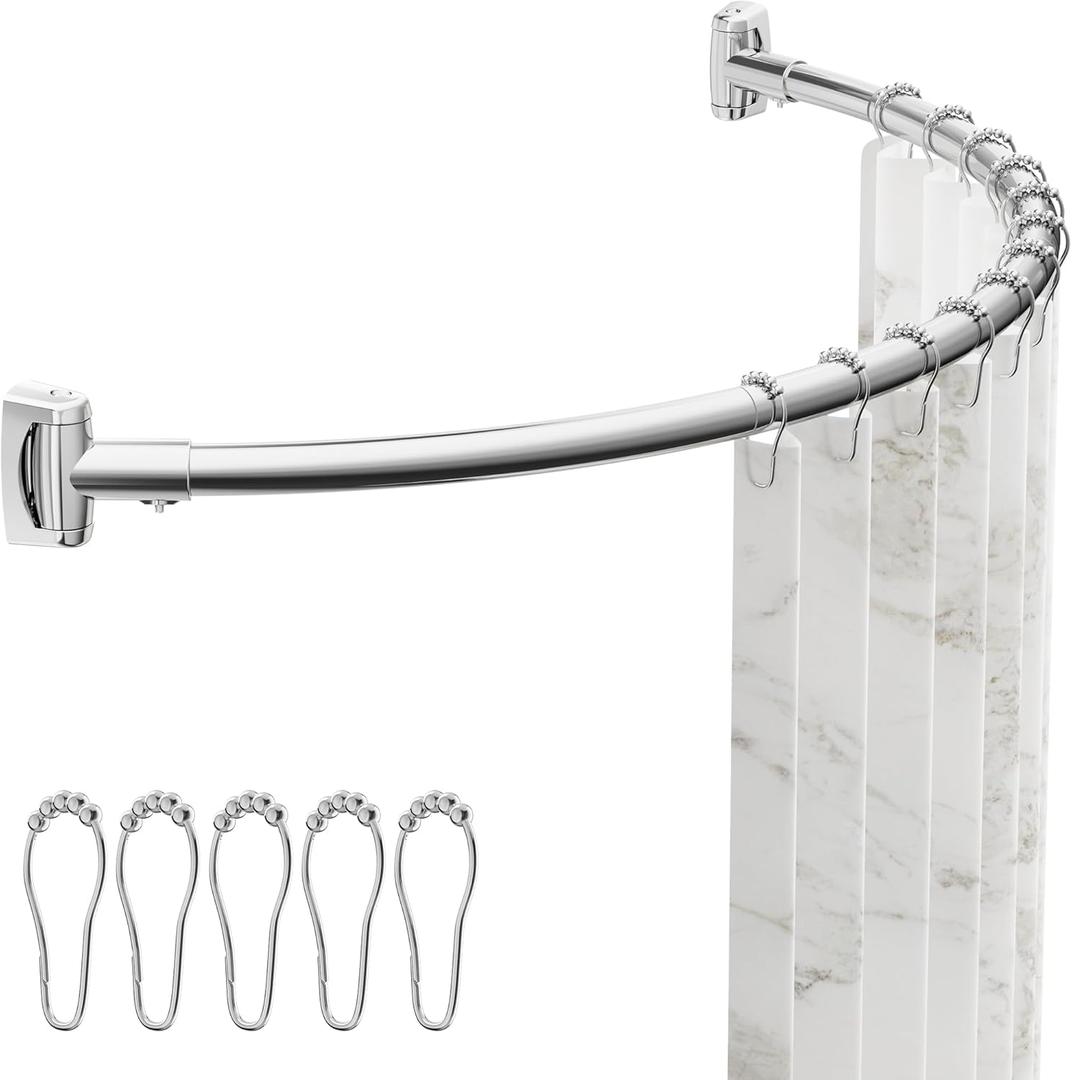 ENJOYBASICS Curved Shower Curtain Rod with Shower Rings, Adjustable Round Bathroom Rod for Extra Space, Rustproof, Need to Drill, Silver, 35-77 Inches