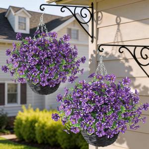 GLIDLION Artificial Flower & Eucalyptus with Hanging Basket - 2PCS Faux UV Sun Resistant Morning Glory in Planter, Fake Colorful Silk Flowers for Spring Summer Porch Patio Balcony Yard Decor (Purple)