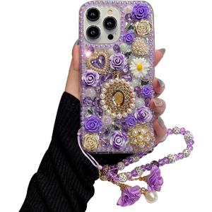 iFiLOVE for iPhone 15 Pro Max Bling Diamond Case with Flower Strap, 3D Luxury Sparkle Glitter Crystal Rhinestone Pearl Love Rose Wristband Bracelet Case Cover for Girls Women Kids (Purple)