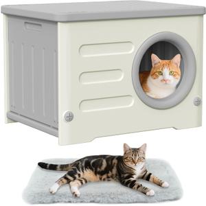 Plastic Outdoor Cat House Weather Proof & Insulated, Waterproof Elevated Cat Shelter Stackable Pet House Cat Wave for Outdoor Indoor Use with Bed Cushion (Large, Cream and Grey)