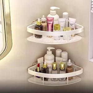 2LWAT Wall Mounted Shower Organizer, 2 Tier No Drilling Adhesive Shelf, Bathroom Shower Caddy with Hooks, Suction Cup, White