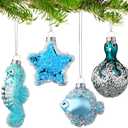 4 Pack Coastal Christmas Ornaments Blue Sea Glass Christmas Tree Ornaments Beach Theme Seahorse Starfish Nautical Decor Xmas Tree Ornament for Home Beach Holiday Party